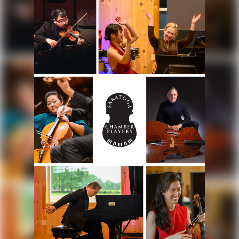 A collage of musicians playing various instruments, including a violinist, cellist, pianist, and double bassist, is centered around a "Saratoga Chamber Players" logo.