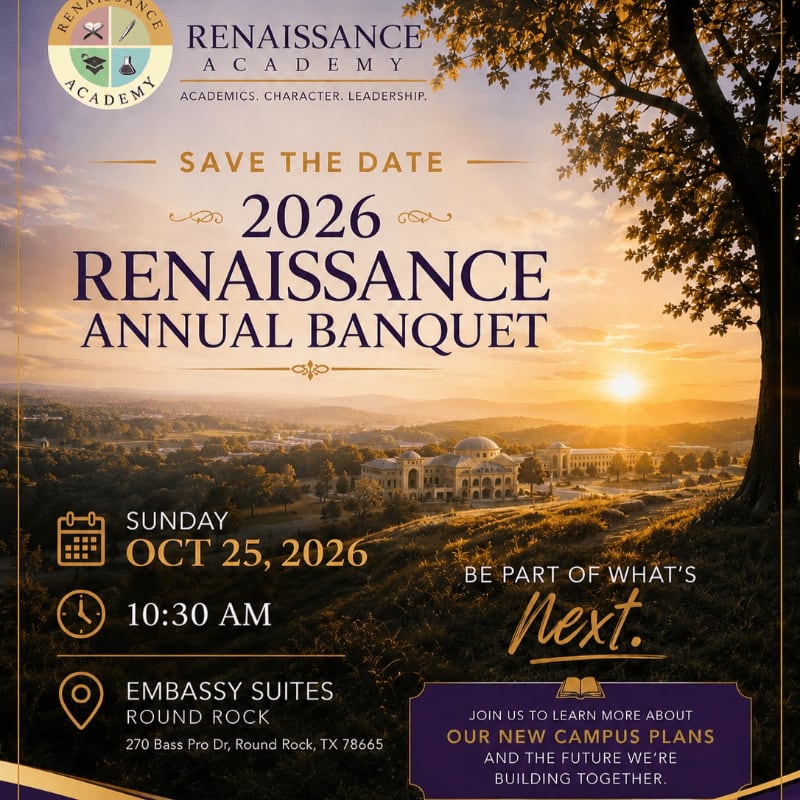A Renaissance Academy annual banquet invitation for 2026 is set against a scenic sunset background with a large tree in the foreground.