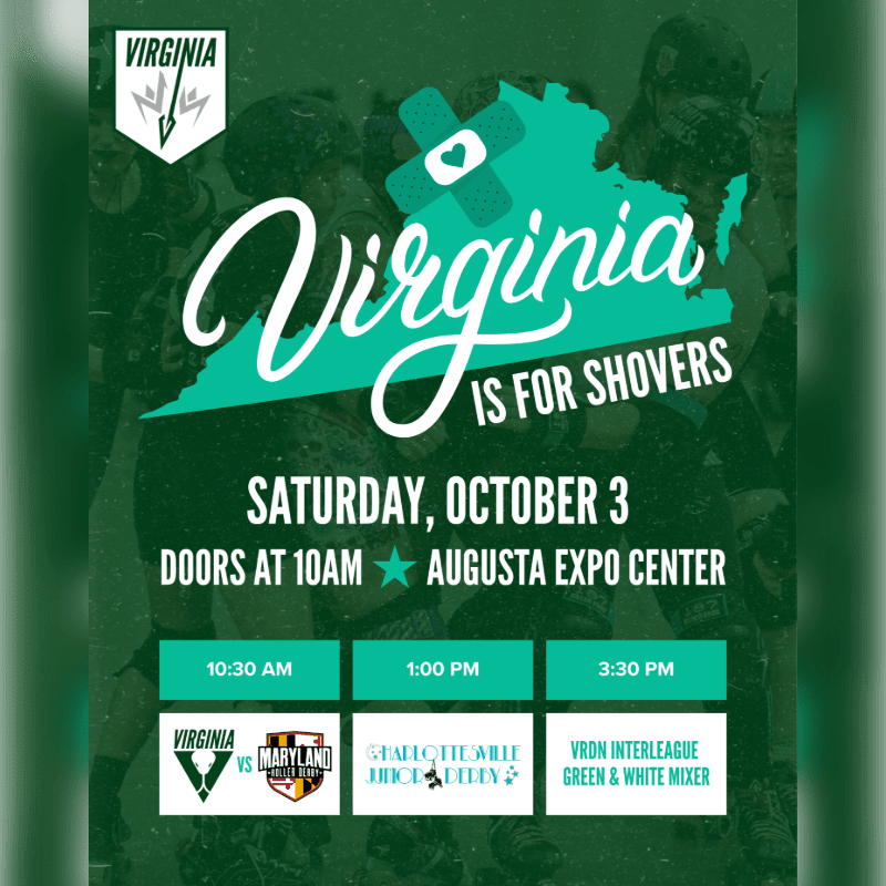 A poster for a roller derby event in Virginia features a teal map of the state with "Virginia is for Shovers" in large white script in the foreground, and a blurred background of roller derby players.