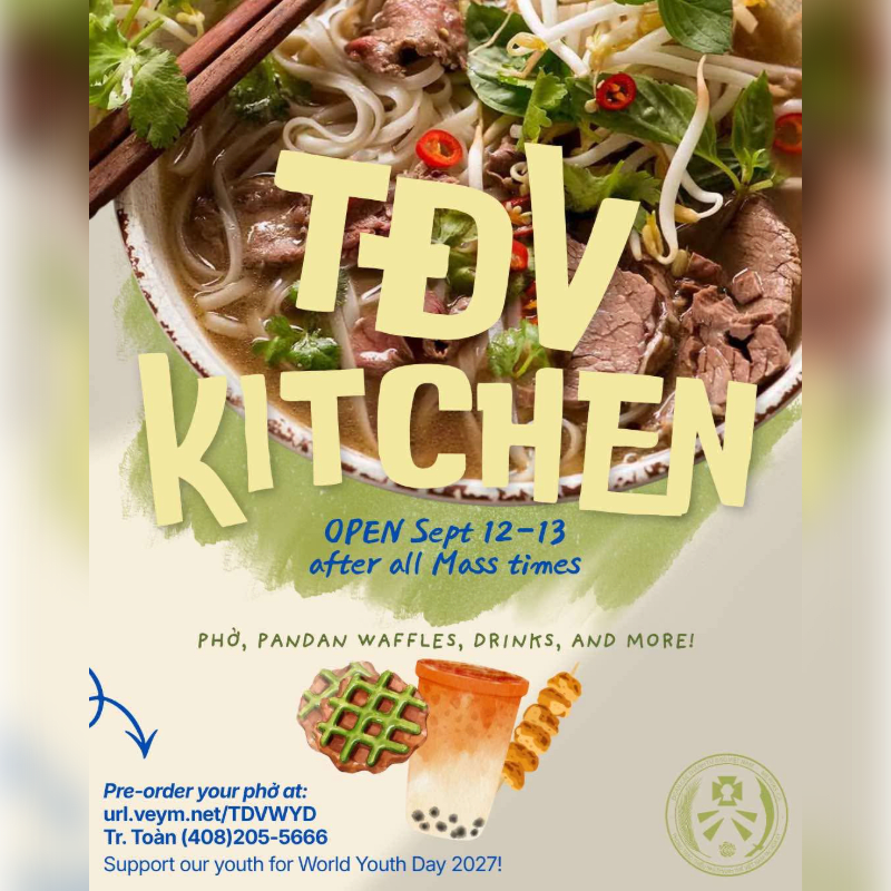 A steaming bowl of pho with chopsticks rests in the foreground, while the background features text announcing "TDV KITCHEN" and details about its opening.