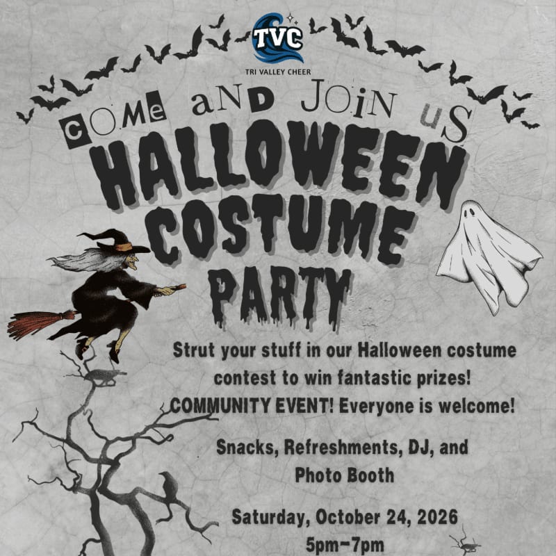 A witch on a broomstick and a ghost fly across a textured background advertising a Halloween costume party with details about prizes, snacks, and a DJ.