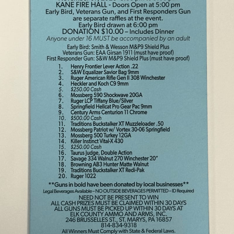 A list of firearms and cash prizes is presented on a blue background, with event details at the top and legal information at the bottom.