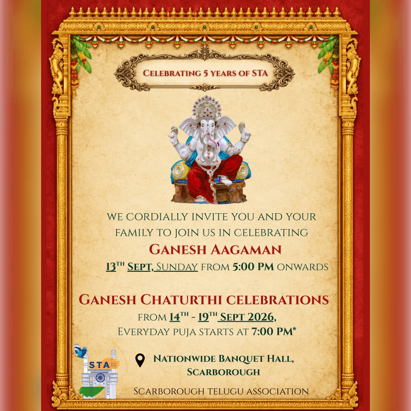 A decorative invitation for Ganesh Aagman and Ganesh Chaturthi celebrations features Lord Ganesha in the foreground against a textured background with event details.