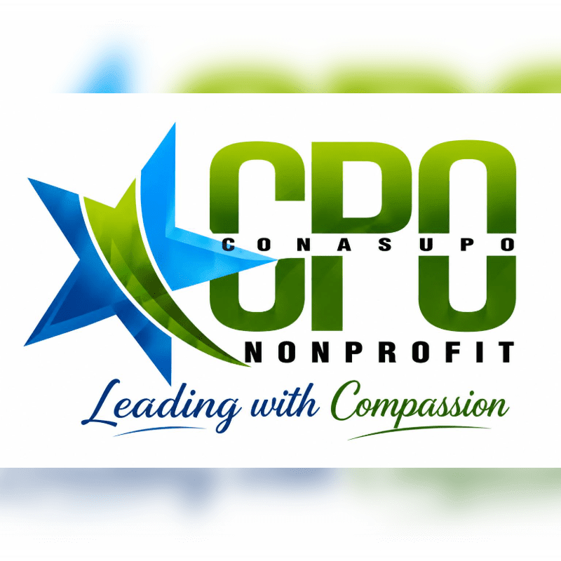 A blue and green star logo with the text "CPO CONASUPO NONPROFIT" and the tagline "Leading with Compassion" is set against a blurred white and green background.