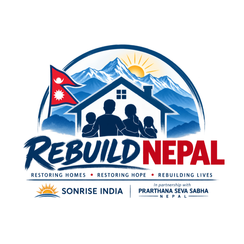 A silhouetted family stands before a house with mountains and a sun in the background, under the "Rebuild Nepal" logo.