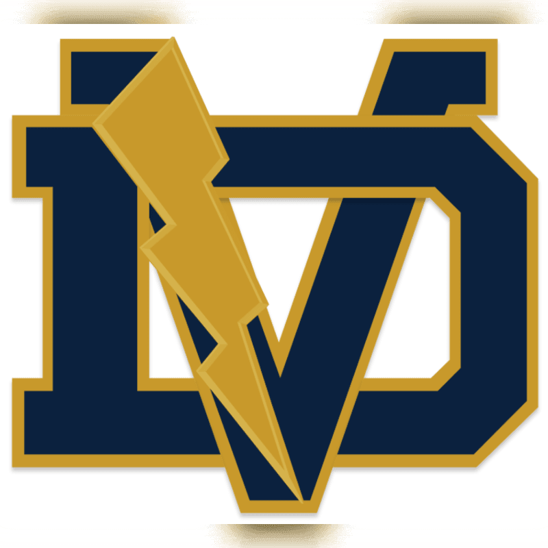 A gold lightning bolt cuts through a navy blue and gold outlined "DV" logo against a white background.