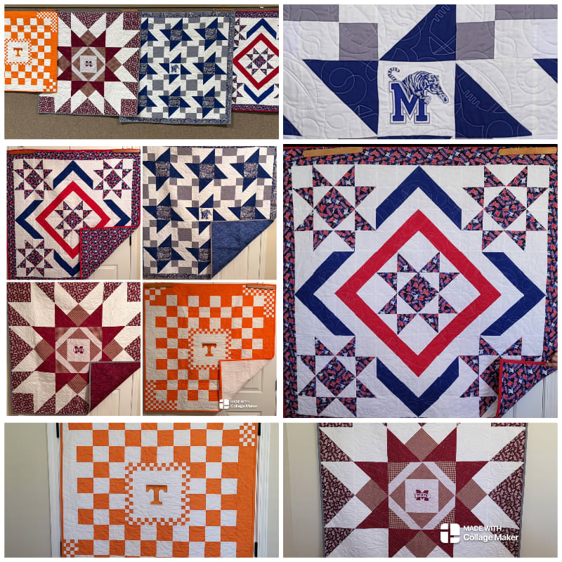 Several colorful, patterned quilts with star and checkered designs are displayed, with some featuring monograms and university logos.