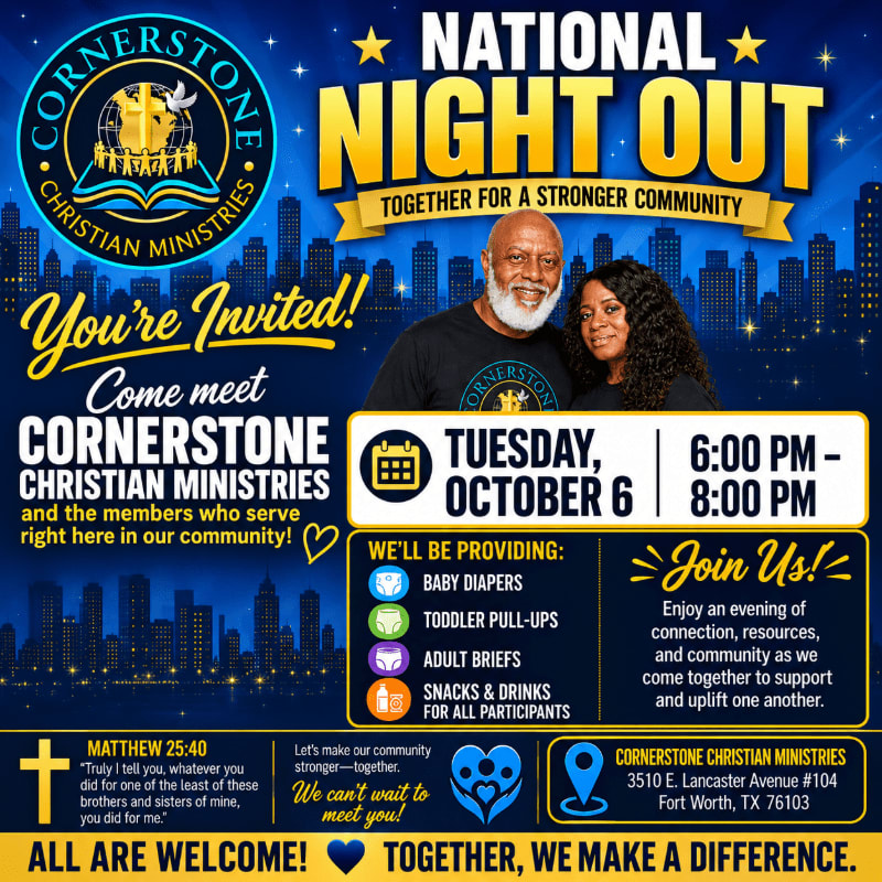 A flyer for Cornerstone Christian Ministries' National Night Out event features a smiling couple in the foreground against a nighttime city skyline background.