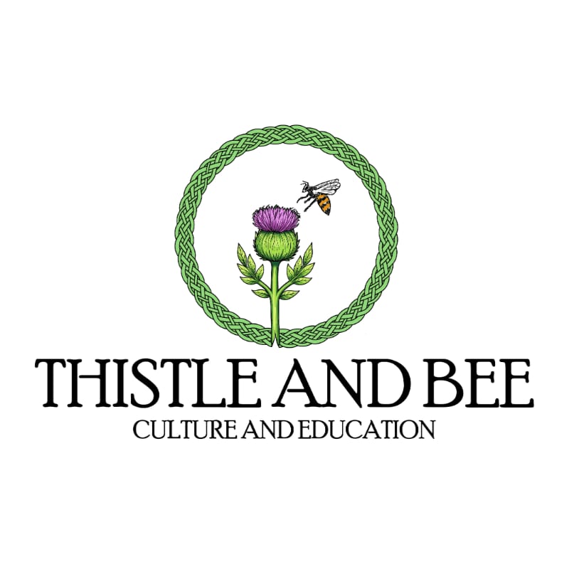 A thistle with a bee hovers near it, enclosed within a Celtic knot circle, with the words "THISTLE AND BEE CULTURE AND EDUCATION" below.