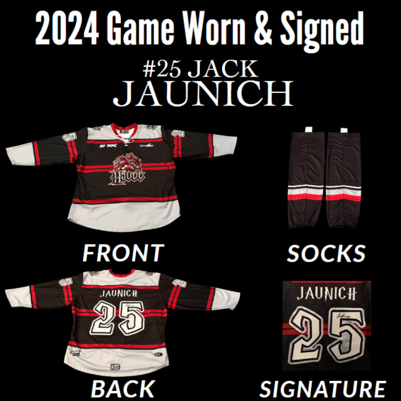 A black and red hockey jersey and socks are displayed with their front, back, and a signed version, all against a black background.