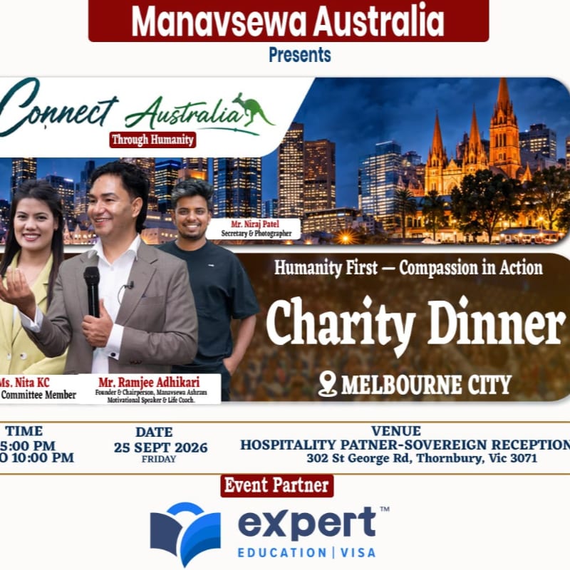 Three smiling individuals are featured in the foreground against a backdrop of Melbourne's skyline at night, advertising a charity dinner.