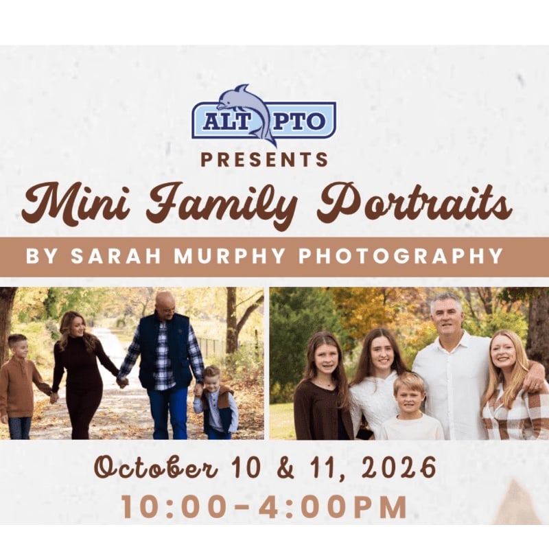 Two family portraits are displayed in the foreground, with the ALT PTO logo and event details in the background.