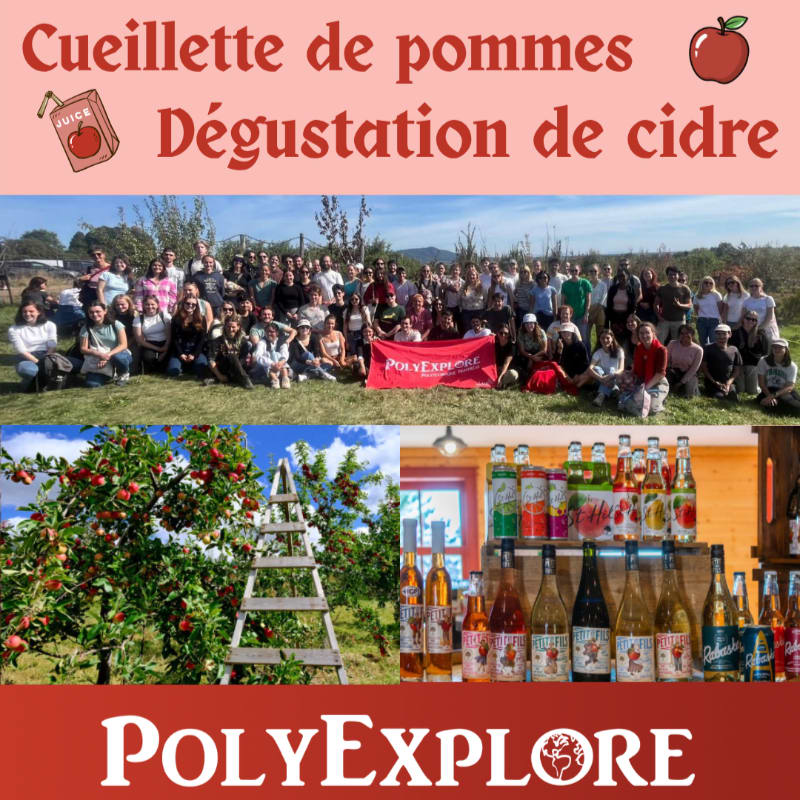 A large group of people poses for a photo in front of trees, while below, an apple tree with a ladder stands next to a display of cider bottles.