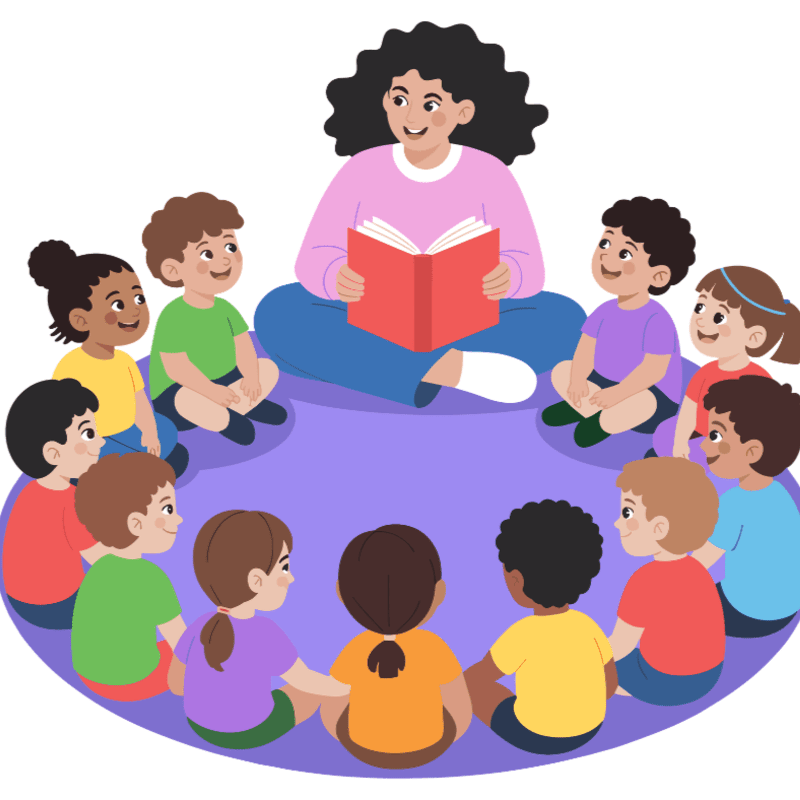 A teacher reads a book to a circle of attentive children sitting on a purple mat, with a white background.