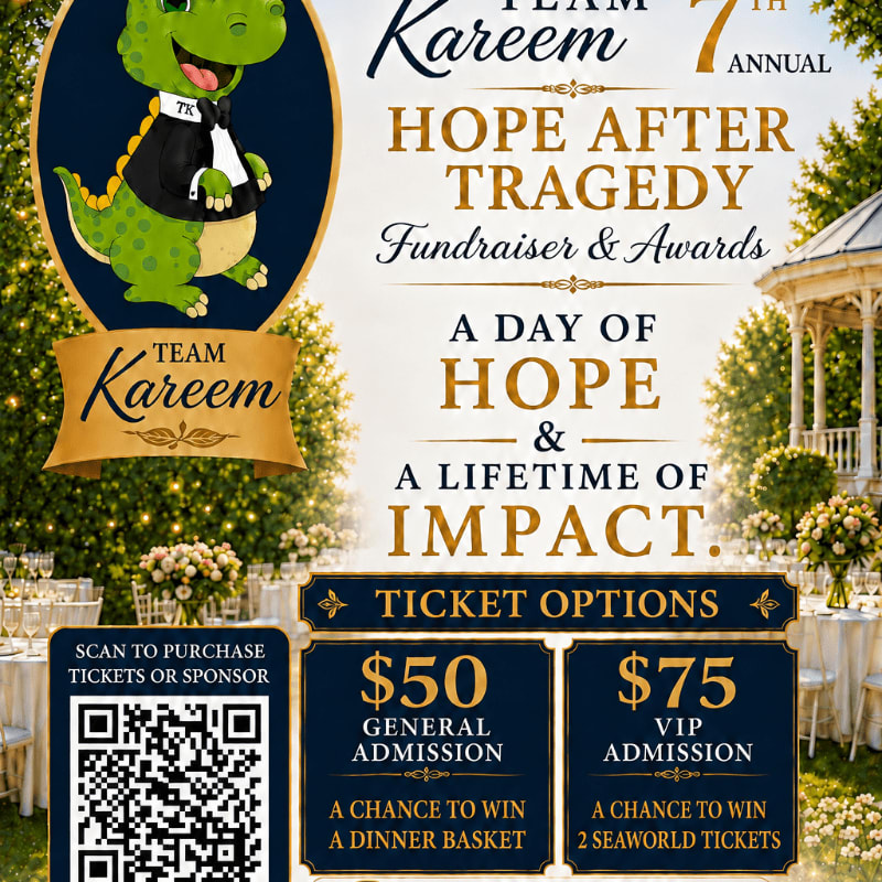 A cartoon dinosaur in a tuxedo stands in the foreground next to event details, while a formal outdoor reception with a gazebo and tables is visible in the background.