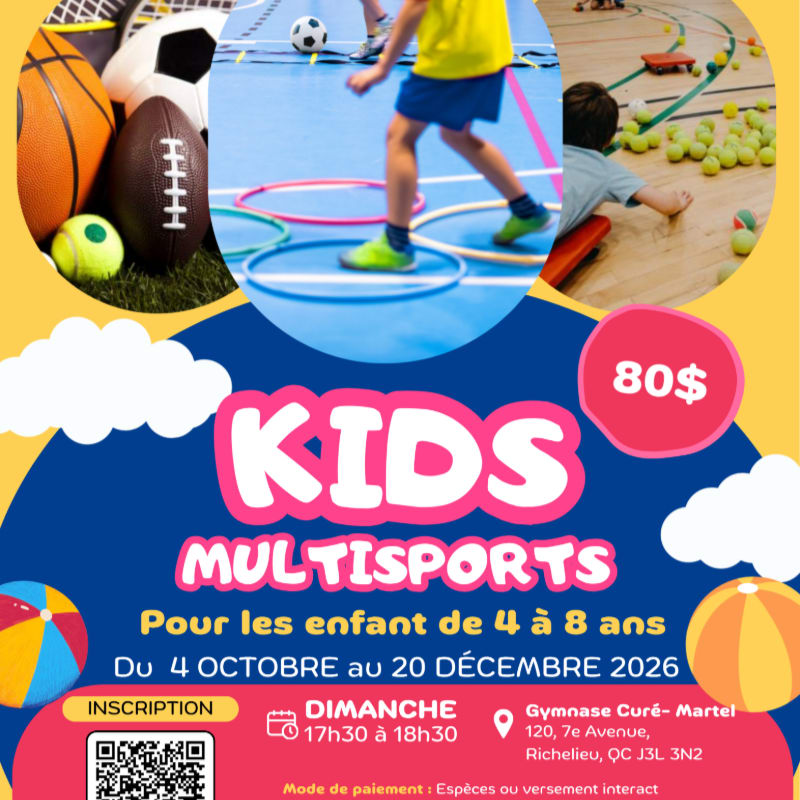In the foreground, a colorful flyer advertises a kids' multisports event, while the background shows children participating in various sports activities.