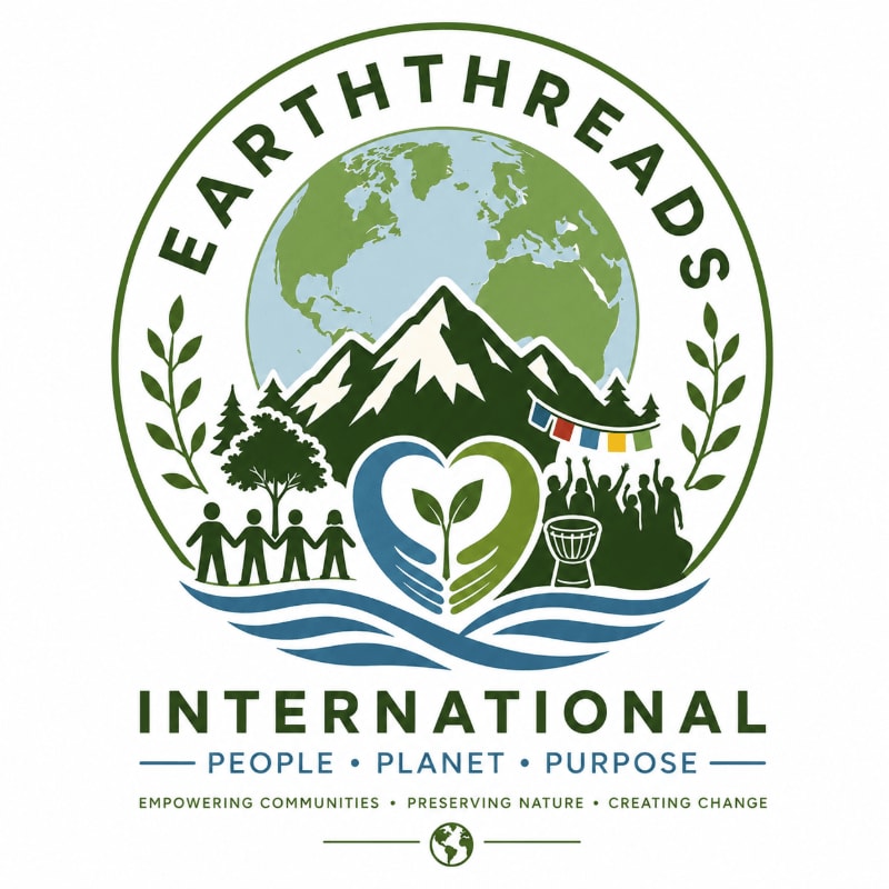A circular logo features a stylized globe and mountains in the background, with a heart formed by hands cradling a sprout in the foreground, all surrounded by greenery and people celebrating.