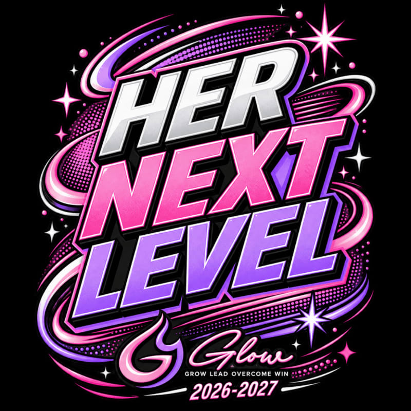 Bold, stylized text reading "HER NEXT LEVEL" in white, pink, and purple gradients dominates the foreground against a black background filled with swirling pink and purple abstract shapes, stars, and a small "Glow" logo with accompanying text.
