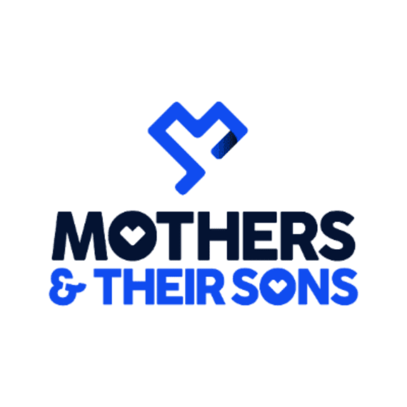 A blue abstract heart-shaped logo hovers above bold, dark blue text that reads "MOTHERS & THEIR SONS," with small blue hearts replacing the "o" in "MOTHERS" and the "O" in "SONS," all set against a clean white background.
