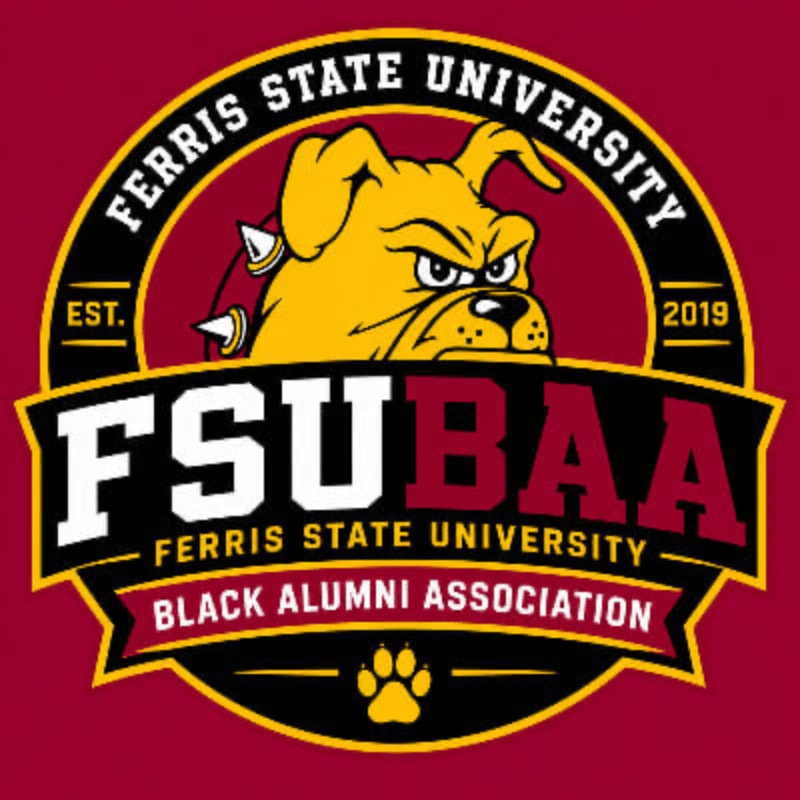 A fierce bulldog mascot with spiked collar is emblazoned above the text "FSUBAA Ferris State University Black Alumni Association" on a maroon background.