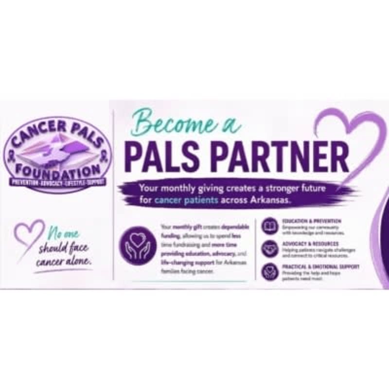 A purple ribbon and text promoting the "Cancer Pals Foundation" are in the foreground, while a larger purple heart and more text about becoming a "PALS PARTNER" fill the background.
