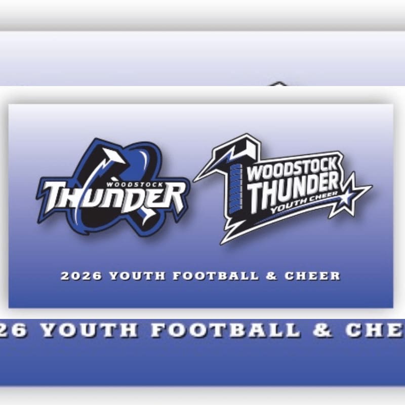 Two Woodstock Thunder logos, one for football and one for cheer, are displayed on a blue gradient background with the text "2026 YOUTH FOOTBALL & CHEER" below.