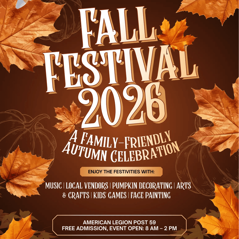 Autumn leaves frame a flyer for a "Fall Festival 2026" at the American Legion Post 59, advertising a family-friendly celebration with music, vendors, and activities.