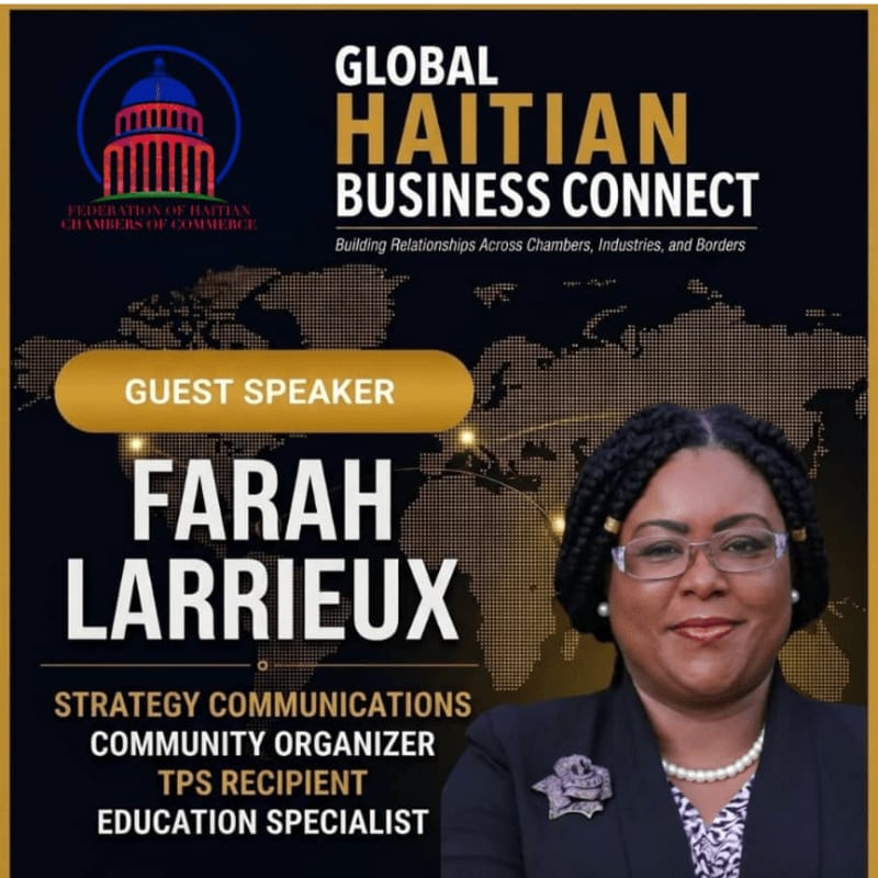 A woman with glasses and braided hair smiles in the foreground, with the "Global Haitian Business Connect" event details and a world map in the background.