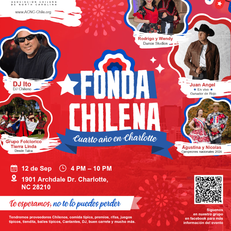 A vibrant poster advertises "Fonda Chilena" with images of performers and event details in the foreground, set against a red, white, and blue background with stars and decorative elements.