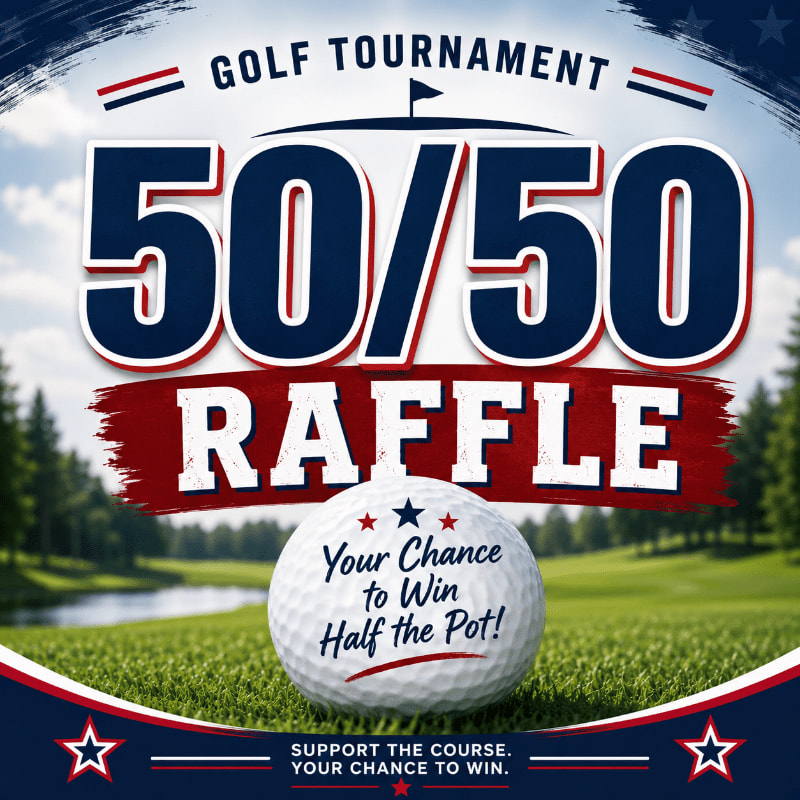 A golf ball sits on a green fairway in the foreground, with a "50/50 Raffle" graphic overlaying a blurred background of trees and a golf course.