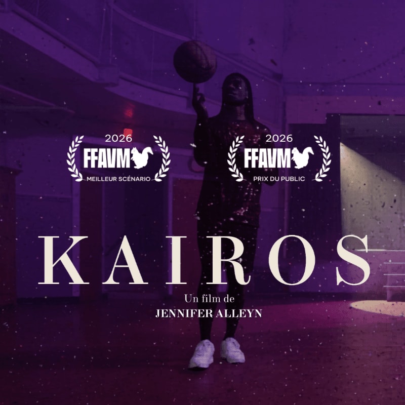 A woman balances a basketball on her finger in a dimly lit room with awards and film title text in the foreground.