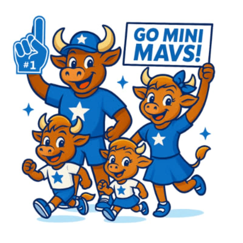 A family of cartoon bulls, dressed in blue and white, runs forward with excitement, holding a "GO MINI MAVS!" sign and a "#1" foam finger against a white background with blue stars.