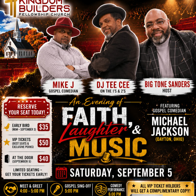 Three men are featured in the foreground with event details and ticket information to the left and right, all set against a backdrop of a church and a stage.