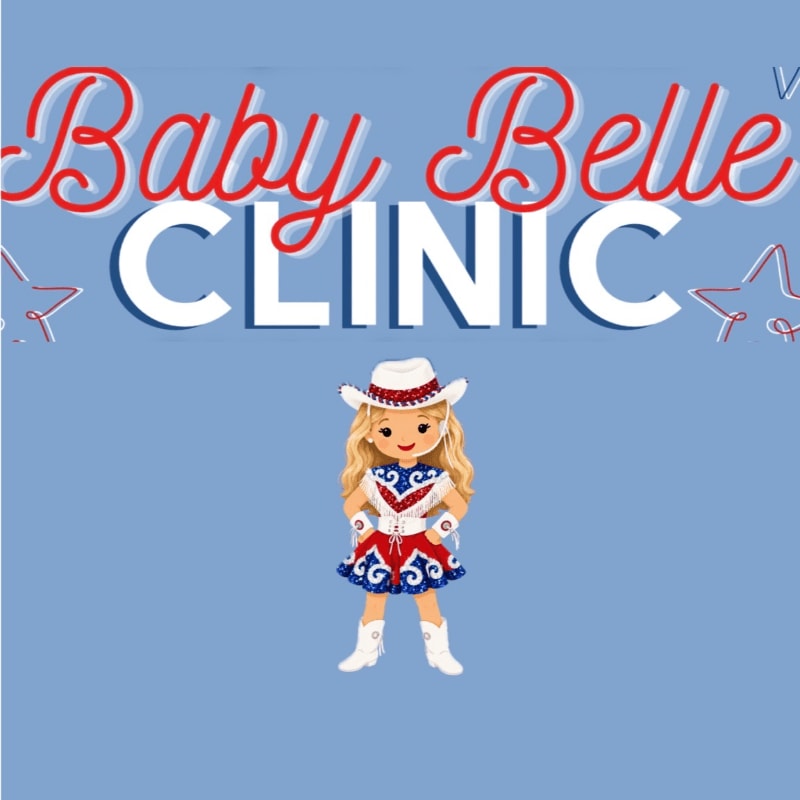 A cartoon girl in a cowboy hat and patriotic outfit stands in the foreground against a blue background with the words "Baby Belle CLINIC" in large white letters and red stars.