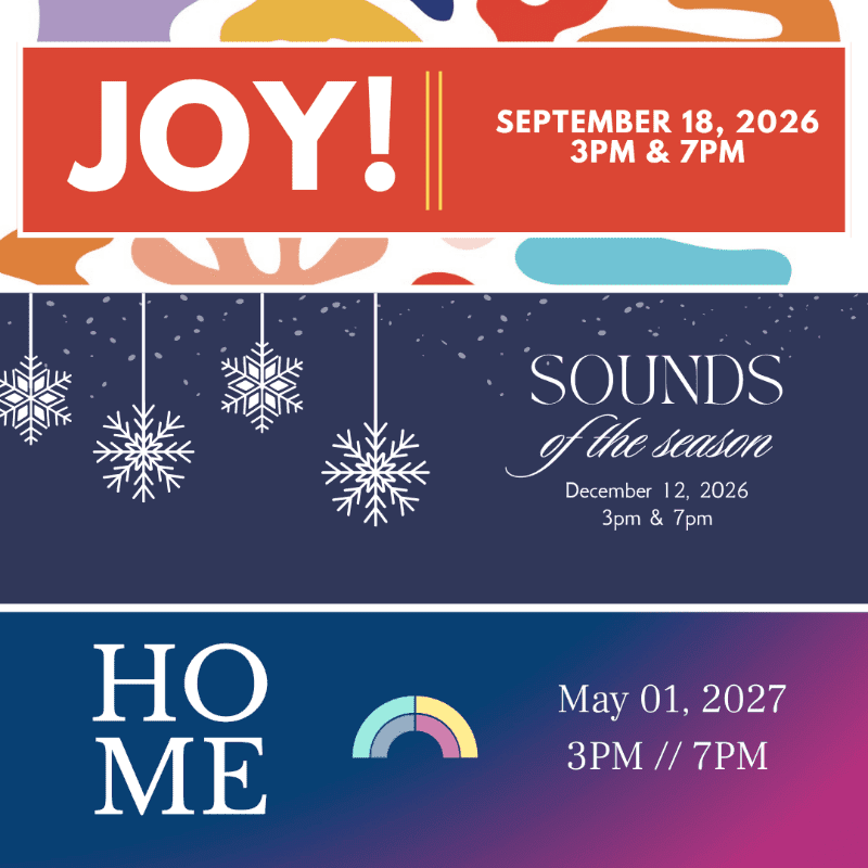Abstract colorful shapes and snowflakes adorn the top and middle sections, while the bottom features the word "HOME" in large letters against a gradient background.