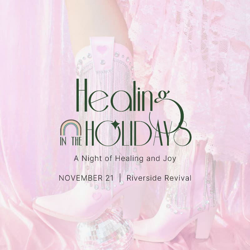Pink cowboy boots adorned with fringe and rhinestones stand on a disco ball in the foreground, against a soft pink, ruffled fabric background with text announcing "Healing in the Holidays."