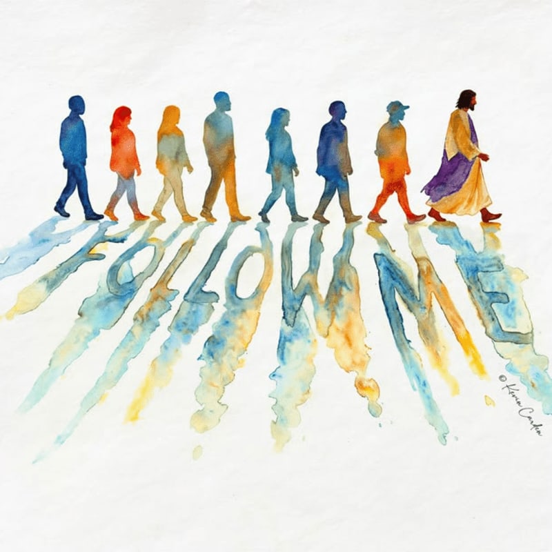 A group of diverse individuals, casting long shadows that form the words "FOLLOW ME," walk behind Jesus, who is depicted in a purple and yellow robe.