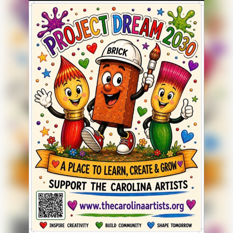 A brick character and two paintbrushes stand on a banner in the foreground, with colorful splatters and stars in the background.