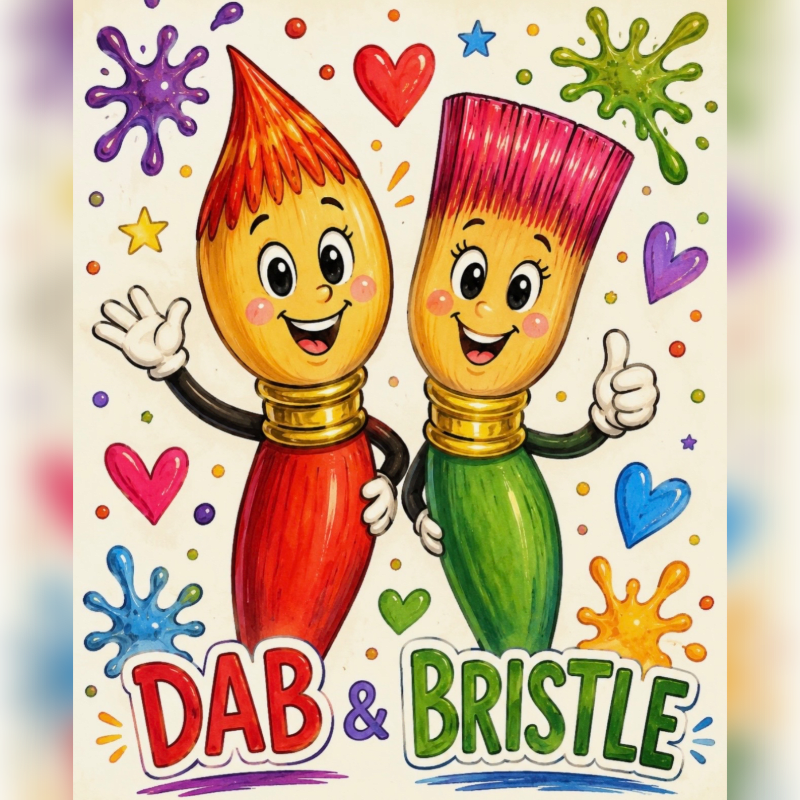 Two cheerful cartoon paintbrushes, "Dab" and "Bristle," stand in the foreground against a background of colorful splatters and hearts.