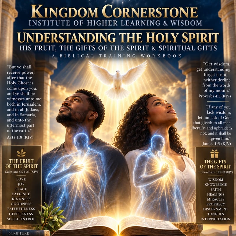 A man and a woman look upwards with glowing chests, illuminated by a dove descending from a bright light, with an open bible and pillars in the foreground and background.