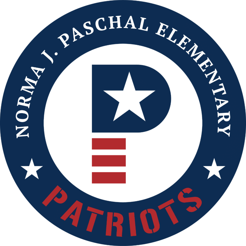 A circular logo with a stylized "P" in the foreground, featuring a white star and red stripes, is set against a dark blue background with the words "NORMA J. PASCHAL ELEMENTARY PATRIOTS" in white and red lettering.