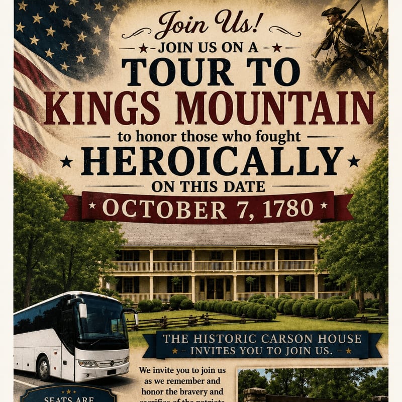 A tour bus in the foreground is parked in front of a historic building with an American flag and patriotic text in the background.