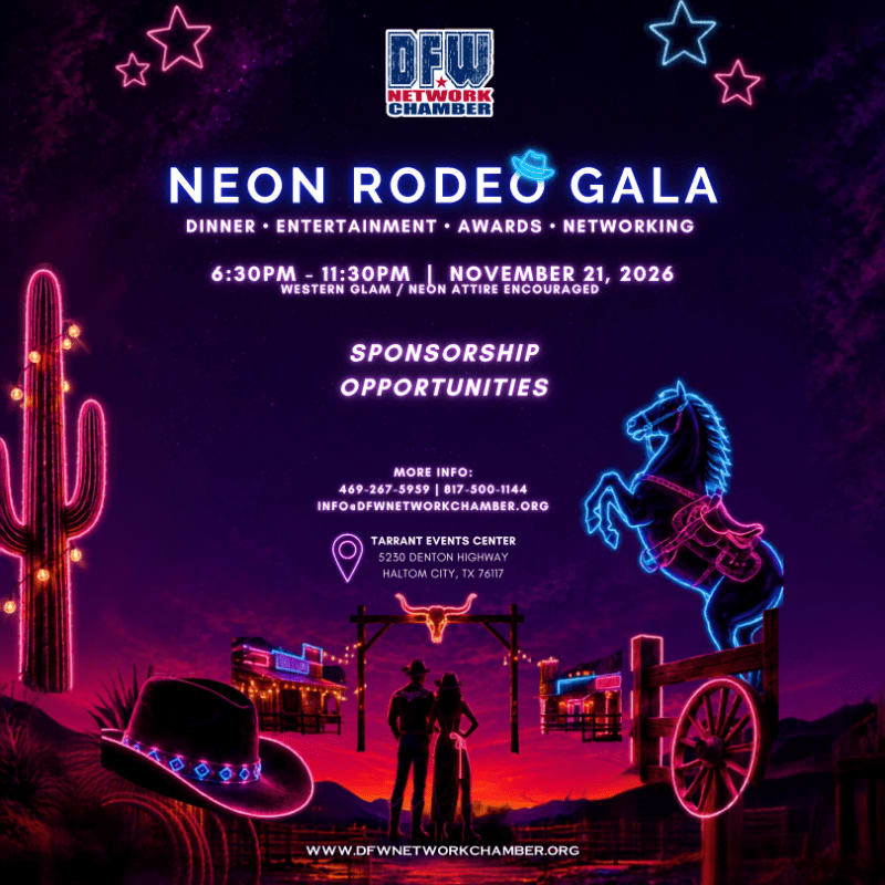 A neon rodeo gala is advertised with a cowboy hat and cactus in the foreground against a backdrop of a neon horse and a western town.