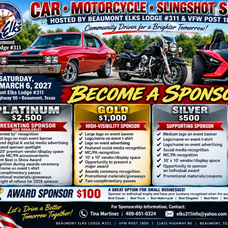 A red car, a black motorcycle, and a gray slingshot are parked in front of a banner advertising a car, motorcycle, and slingshot show hosted by Beaumont Elks Lodge #311 and VFW Post 1806.