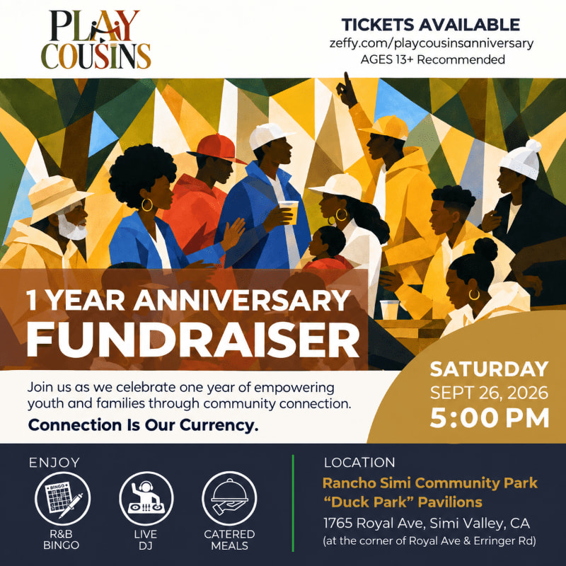 A group of diverse people in colorful clothing are gathered in the foreground, celebrating a 1-year anniversary fundraiser with a geometric, abstract background.