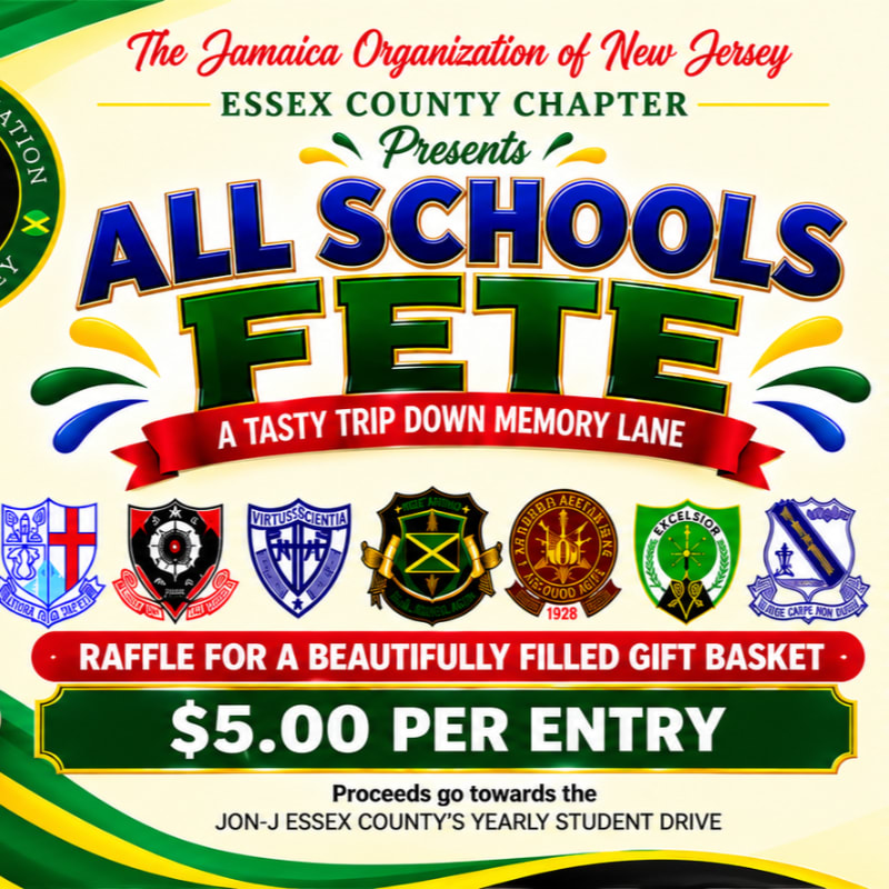 A vibrant poster for the "All Schools Fete" by The Jamaica Organization of New Jersey, Essex County Chapter, features a colorful background with Jamaican flag colors and a row of school crests above raffle and entry fee details.