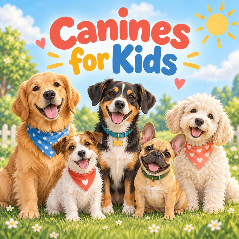 Five happy dogs of various breeds sit on a grassy lawn in front of a white picket fence, with a bright sun and clouds in the background.