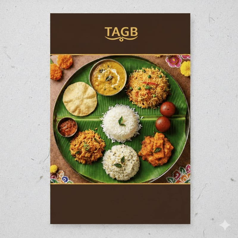 A vibrant Indian thali meal is presented on a banana leaf in the foreground, with a decorative border and the TAGB logo in the background.