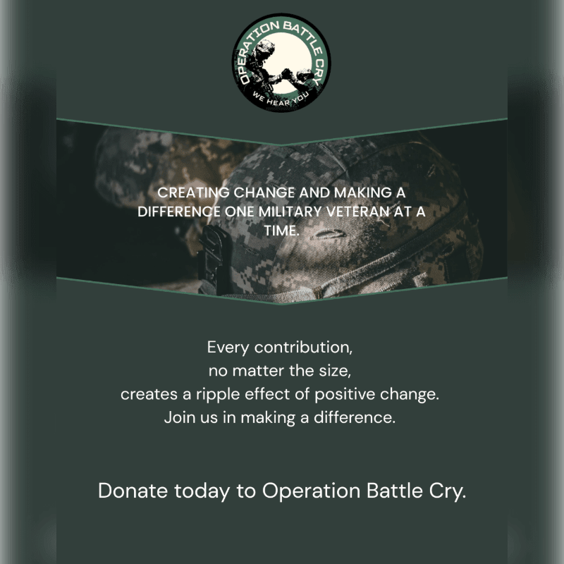 A military helmet is in the foreground with text about creating change, while the background features the Operation Battle Cry logo.