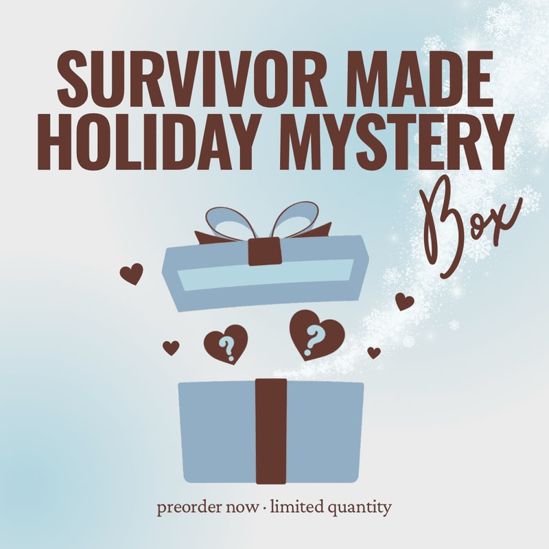 A light blue gift box with a lid ajar, revealing question marks and hearts, sits against a snowy, light blue background with the words "SURVIVOR MADE HOLIDAY MYSTERY Box" at the top and "preorder now limited quantity" at the bottom.
